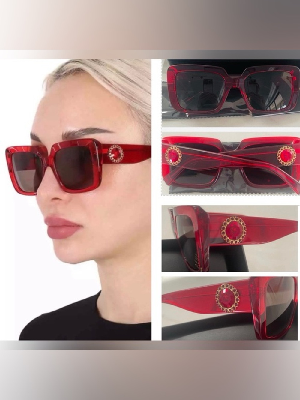 VERSACE RUBY RED SUNGLASSES WITH BOLD GOLD WITH RED CRYSTALS SURROUNDING MEDUSA